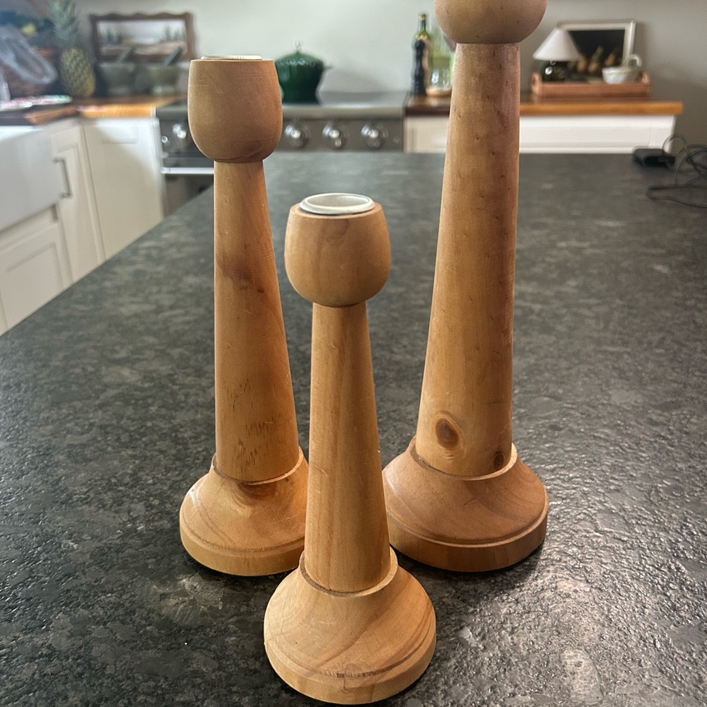 Kirklands Natural Wood Taper Candle Holders Trio
